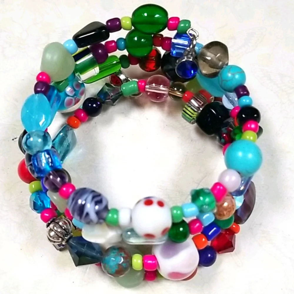 Hand Crafted Vintage Glass and Turquoise and Semi-precious Bead Wrap Bracelet - Picture 7 of 16